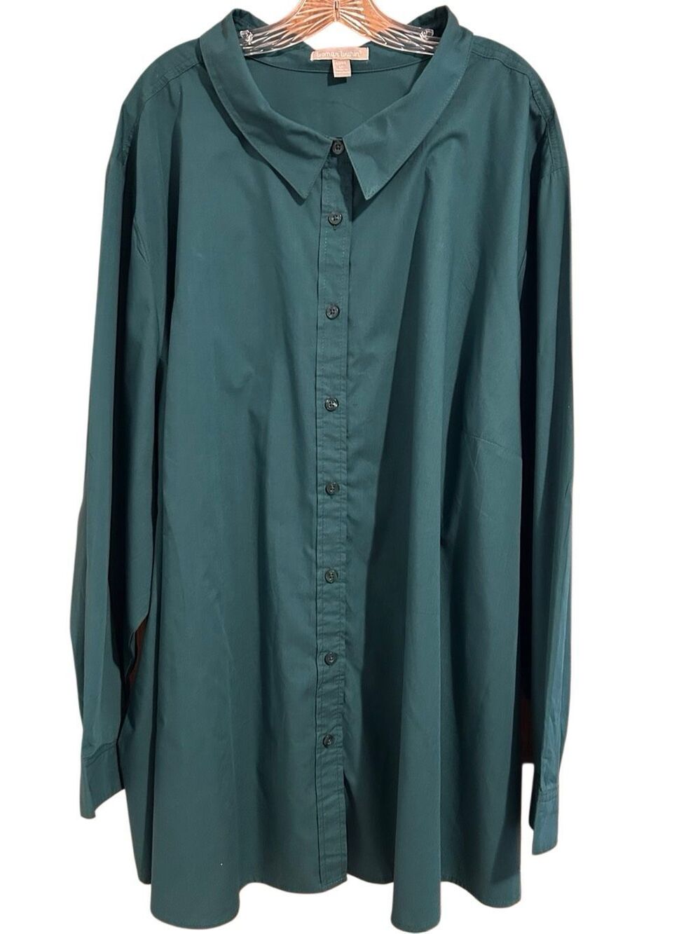 Woman Within Tunic Shirt Dress Womens 6X 42/44 Green Long Sleeve Button Down NWO